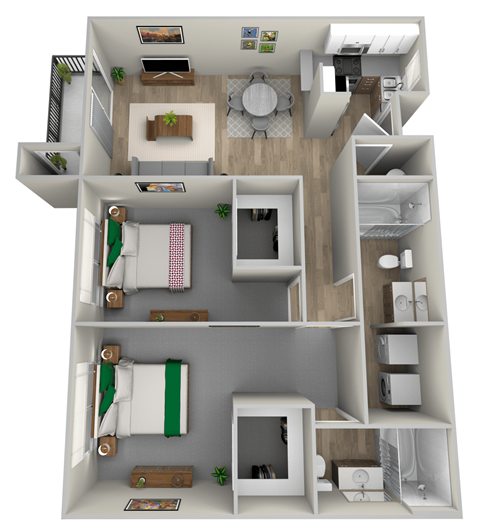 Floor plan for 2 beds, 2 baths, 1028 sqft